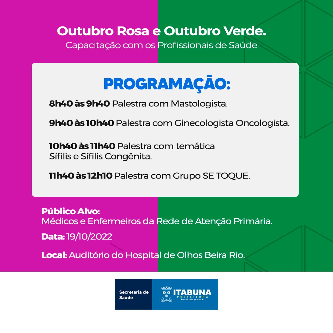 Prefeitura de Itabuna divulga ações do Outubro Rosa e Outubro Verde.