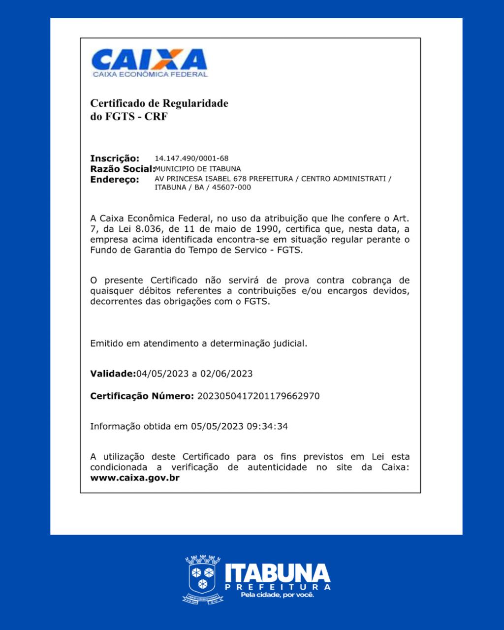 Prefeitura de Itabuna volta ter a certidão do FGTS após 20 anos
