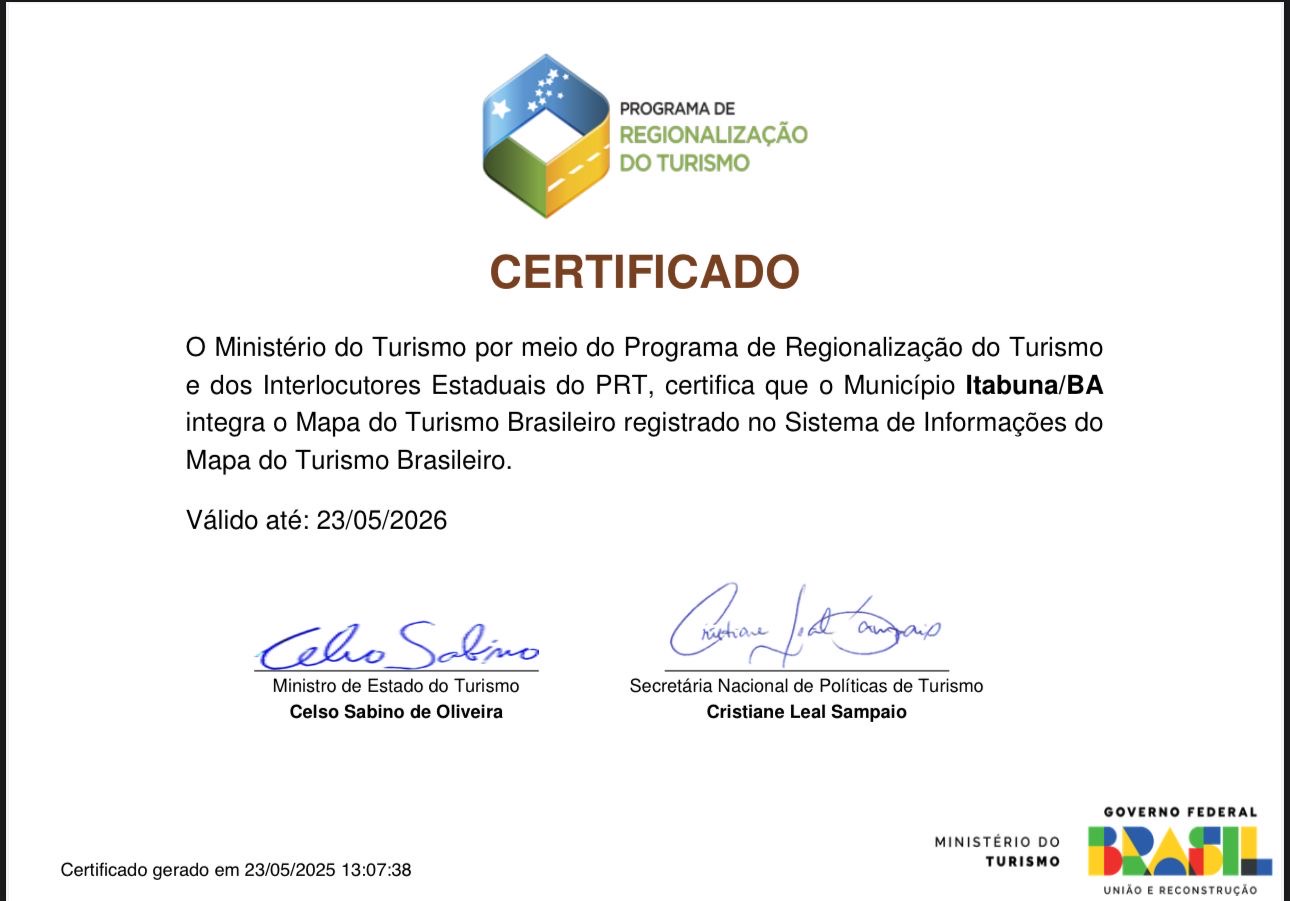 Ministério do Turismo certifica que o Município Itabuna integra o Mapa do Turismo Brasileiro