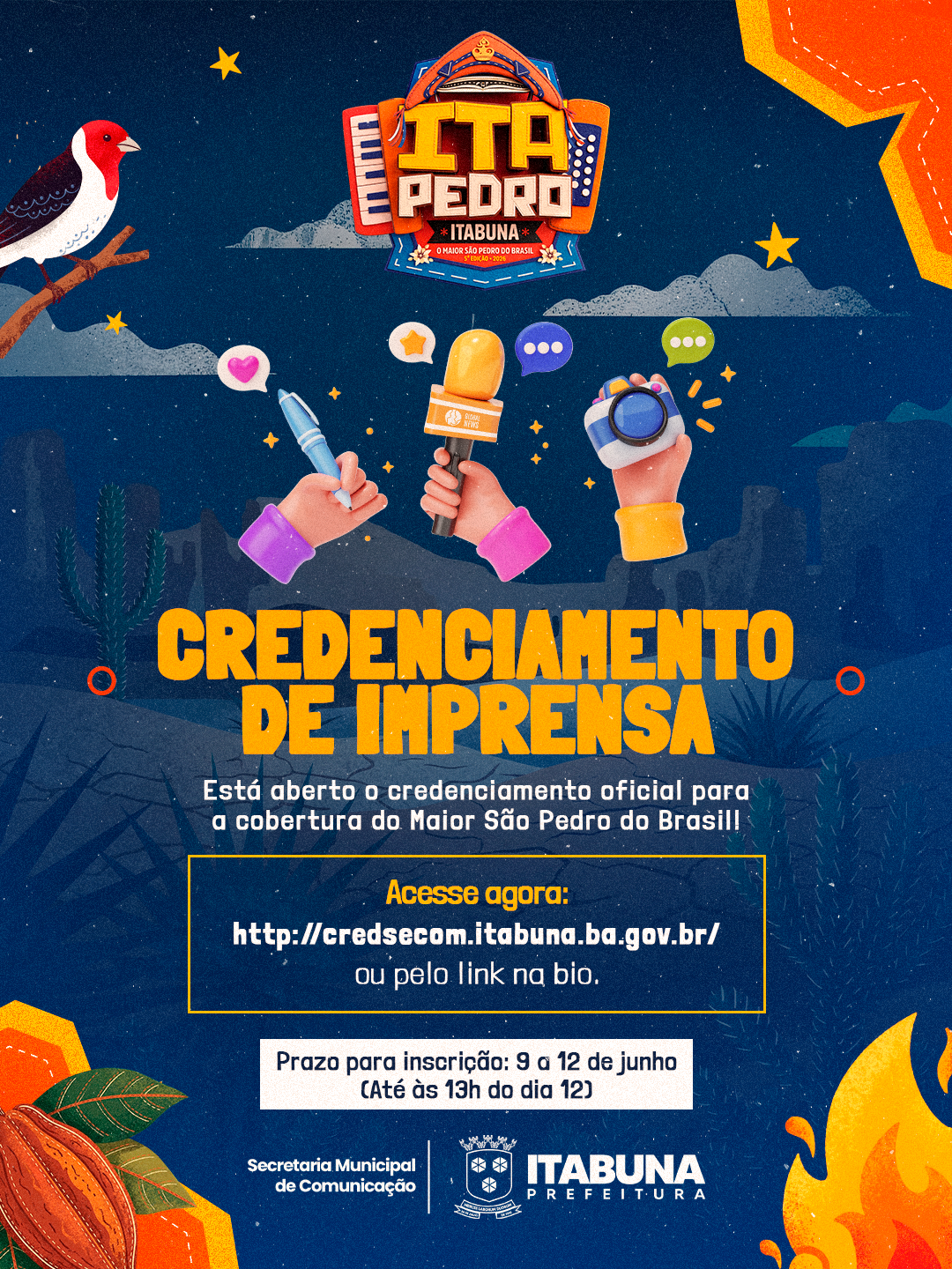 Prefeitura de Itabuna informa encerramento do Credenciamento de Imprensa para Ita Pedro 2026 nesta sexta, 13h